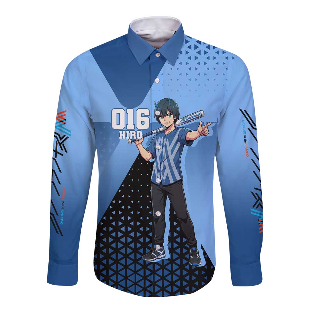 Hiro Long Sleeve Button Shirt Geometric Blue Baseball Anime Style