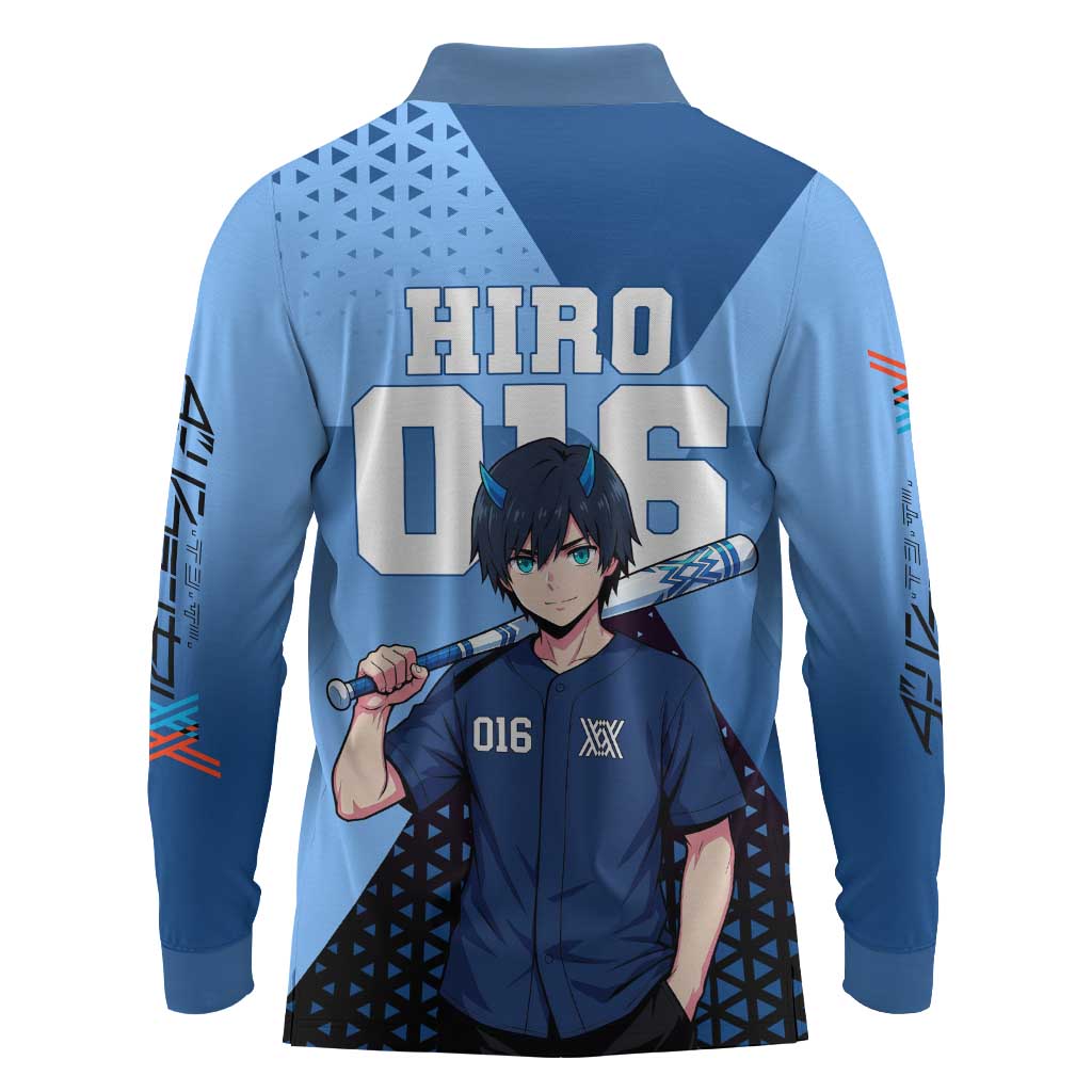Hiro Long Sleeve Polo Shirt Geometric Blue Baseball Anime Style