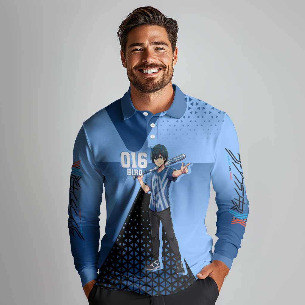 Hiro Long Sleeve Polo Shirt Geometric Blue Baseball Anime Style