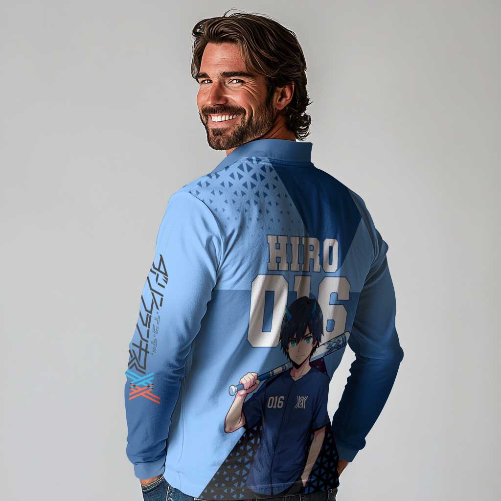 Hiro Long Sleeve Polo Shirt Geometric Blue Baseball Anime Style