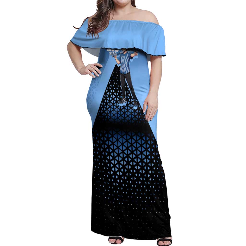 Hiro Off Shoulder Maxi Dress Geometric Blue Baseball Anime Style