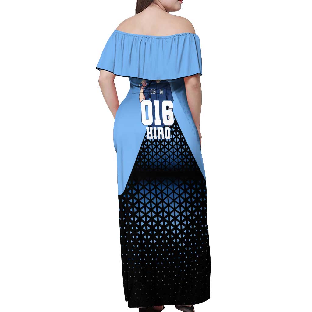 Hiro Off Shoulder Maxi Dress Geometric Blue Baseball Anime Style