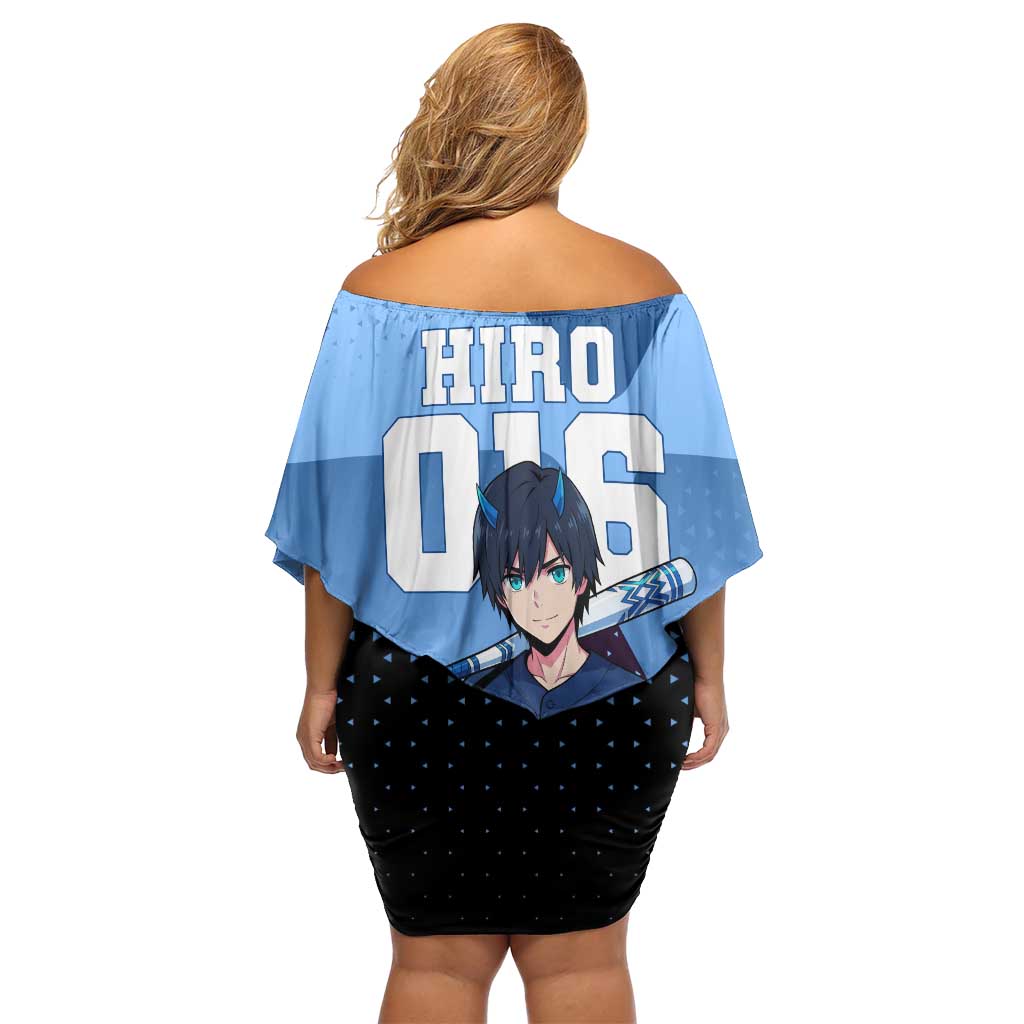 Hiro Off Shoulder Short Dress Geometric Blue Baseball Anime Style