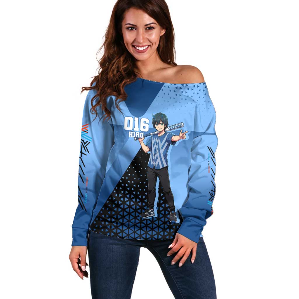 Hiro Off Shoulder Sweater Geometric Blue Baseball Anime Style