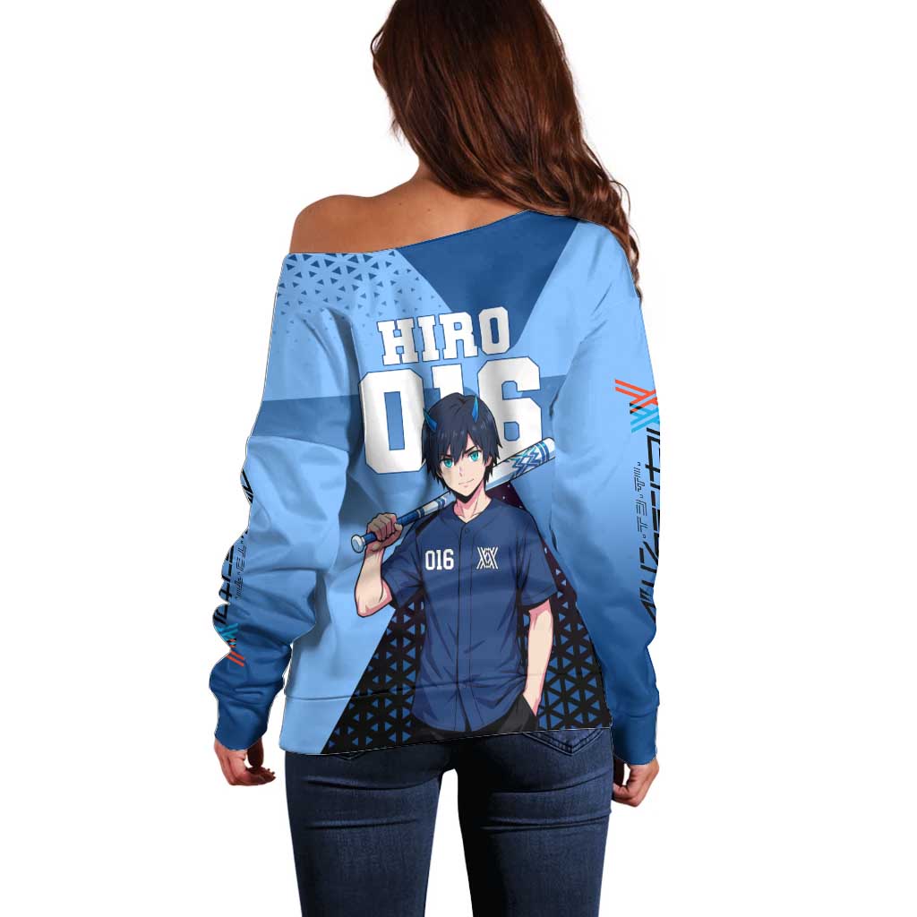 Hiro Off Shoulder Sweater Geometric Blue Baseball Anime Style