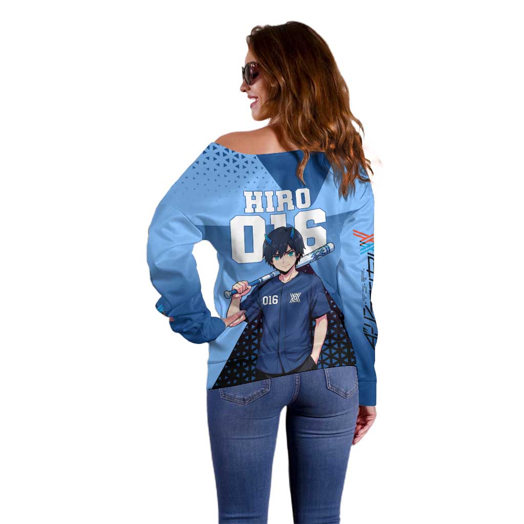 Hiro Off Shoulder Sweater Geometric Blue Baseball Anime Style