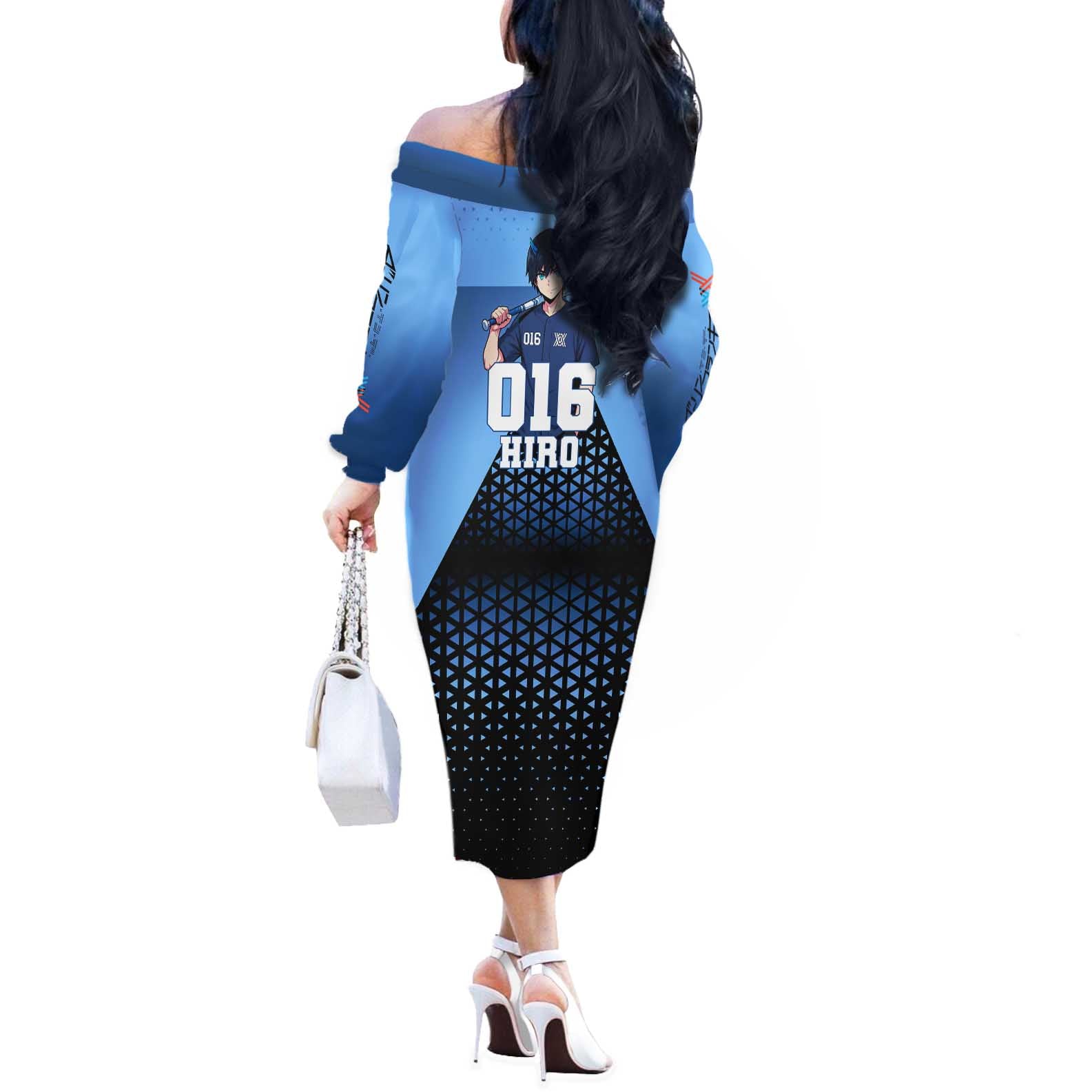 Hiro Off The Shoulder Long Sleeve Dress Geometric Blue Baseball Anime Style