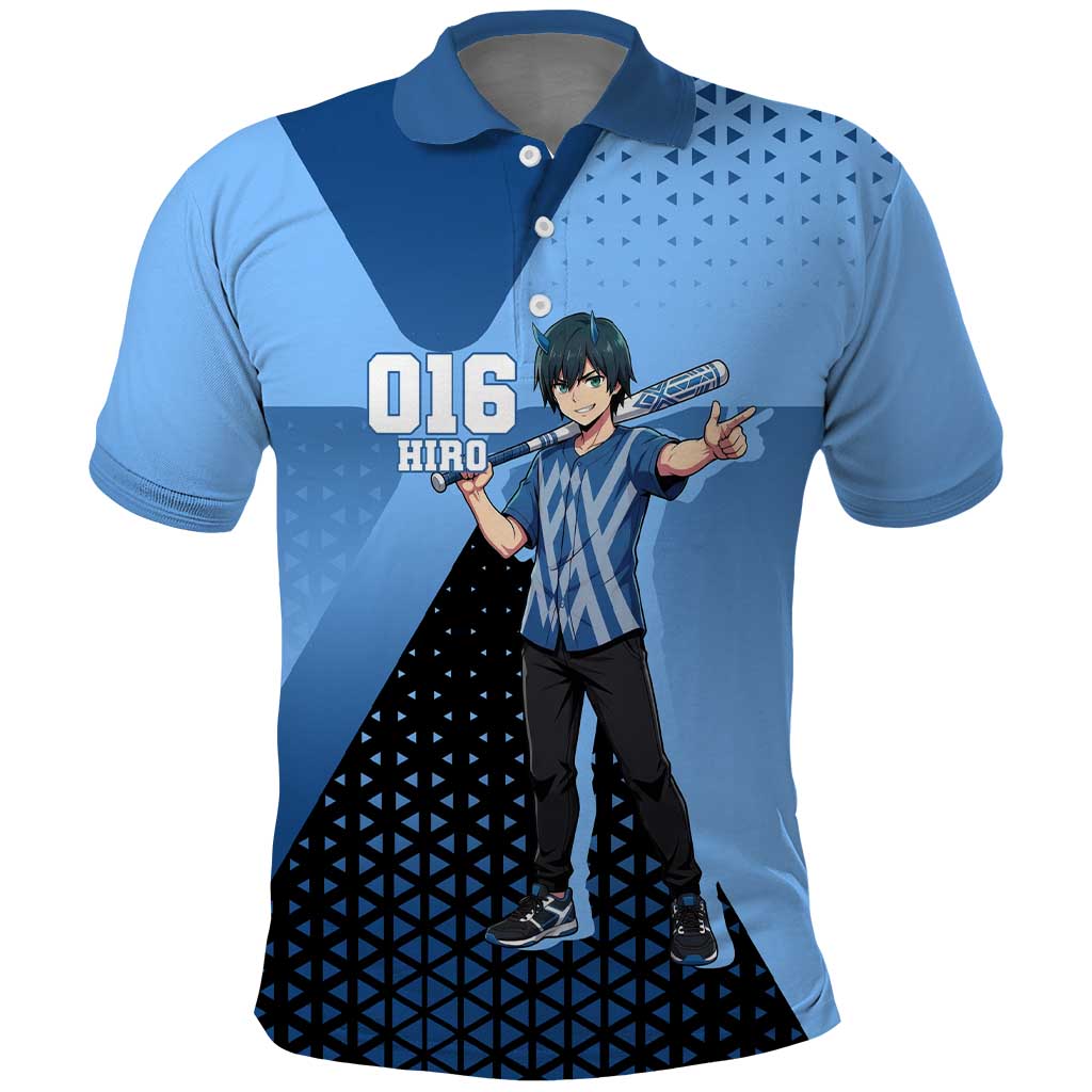 Hiro Polo Shirt Geometric Blue Baseball Anime Style