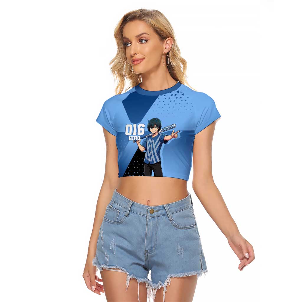 Hiro Raglan Cropped T Shirt Geometric Blue Baseball Anime Style