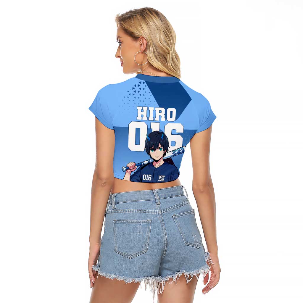Hiro Raglan Cropped T Shirt Geometric Blue Baseball Anime Style
