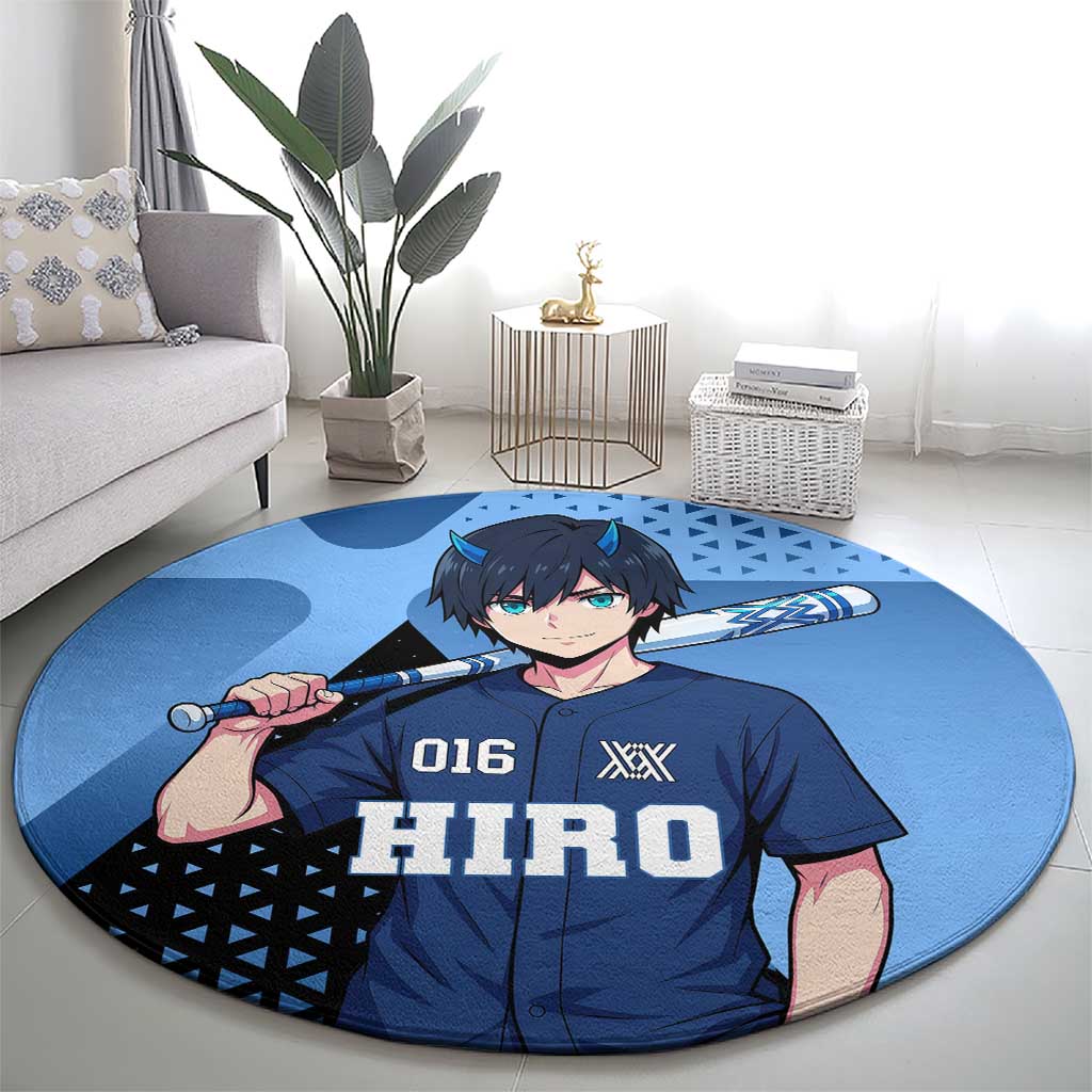 Hiro Round Carpet Geometric Blue Baseball Anime Style
