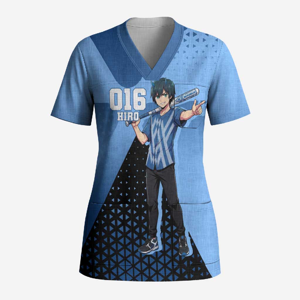 Hiro Scrub Top Geometric Blue Baseball Anime Style