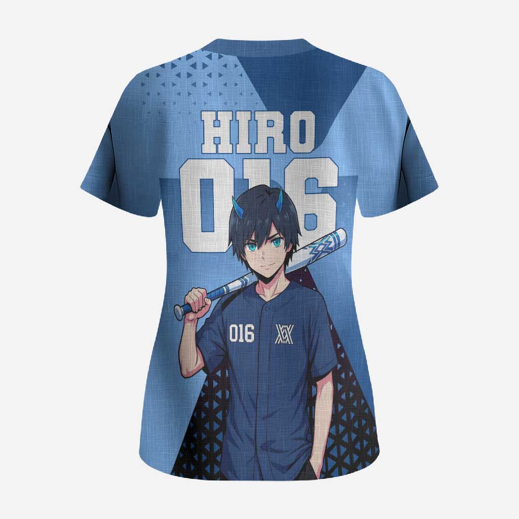 Hiro Scrub Top Geometric Blue Baseball Anime Style