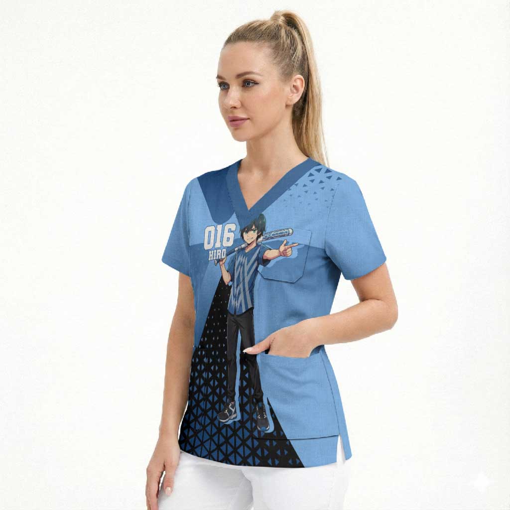 Hiro Scrub Top Geometric Blue Baseball Anime Style