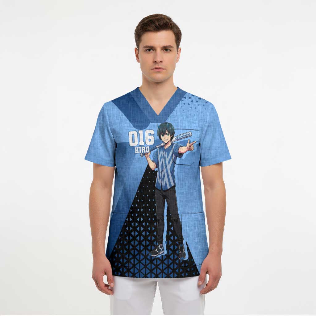 Hiro Scrub Top Geometric Blue Baseball Anime Style