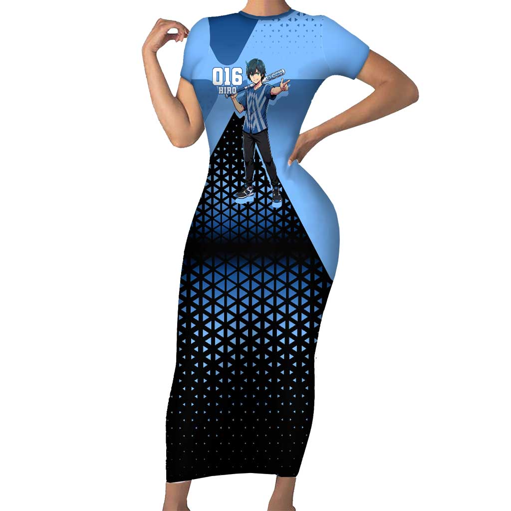 Hiro Short Sleeve Bodycon Dress Geometric Blue Baseball Anime Style