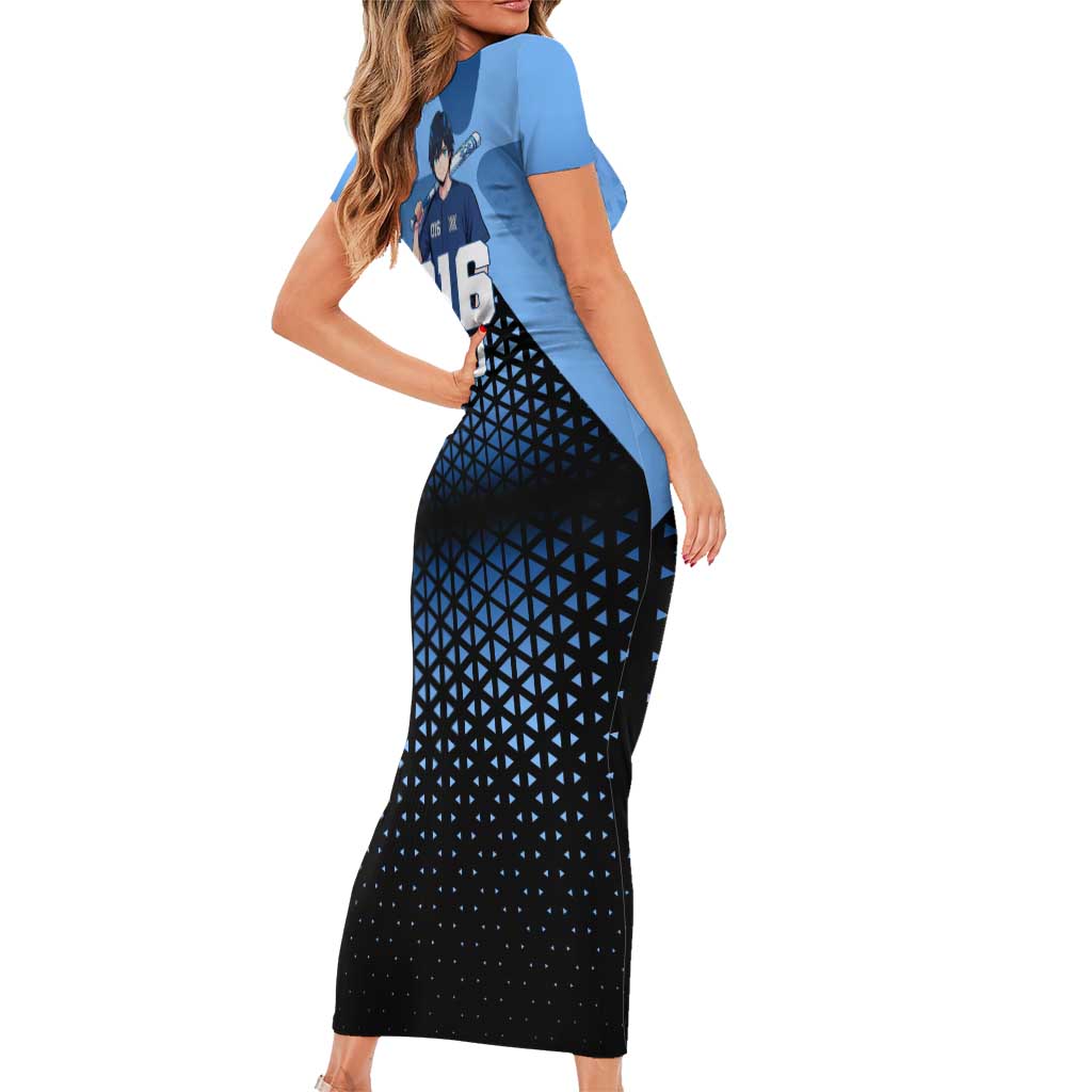 Hiro Short Sleeve Bodycon Dress Geometric Blue Baseball Anime Style