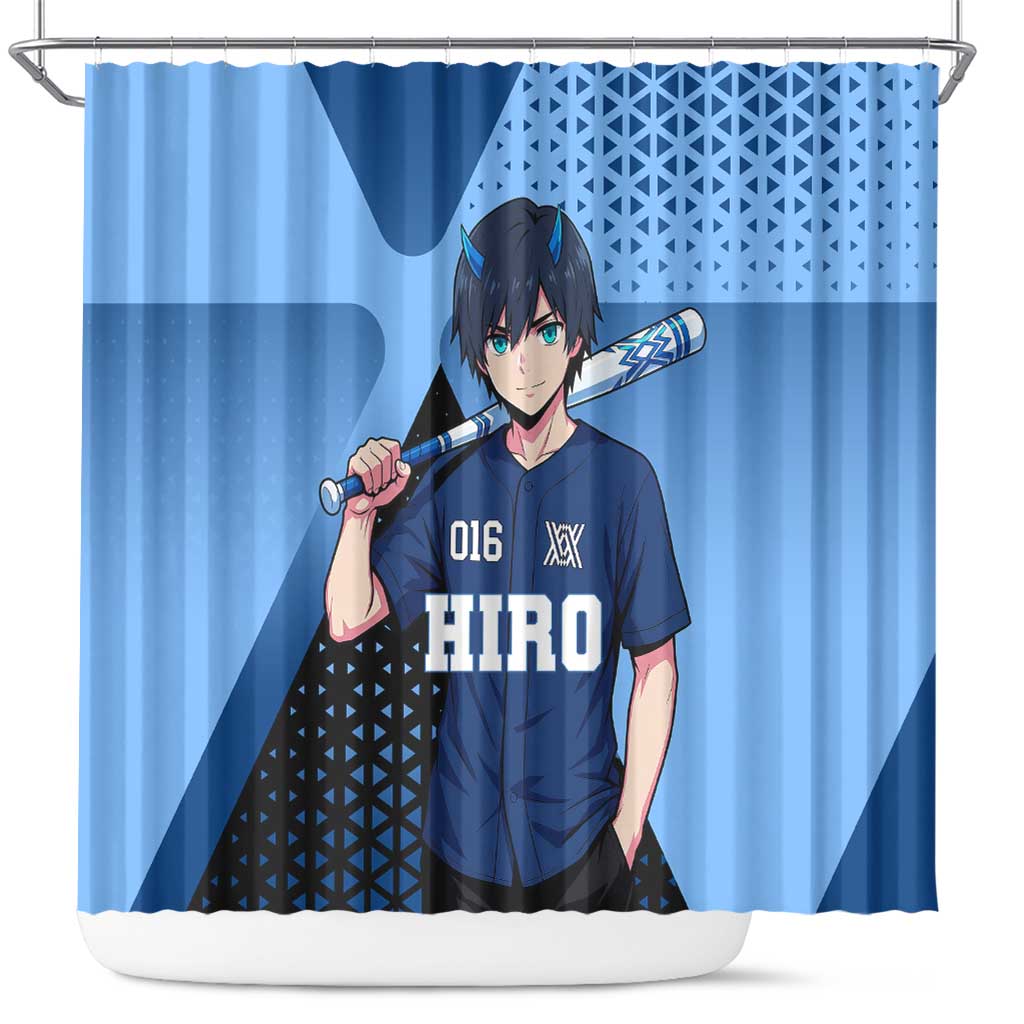 Hiro Shower Curtain Geometric Blue Baseball Anime Style