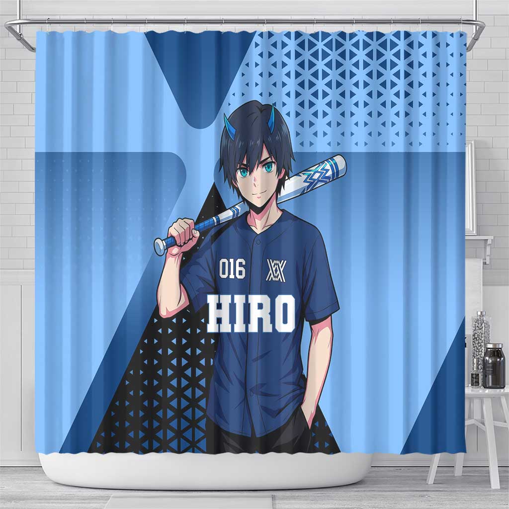 Hiro Shower Curtain Geometric Blue Baseball Anime Style