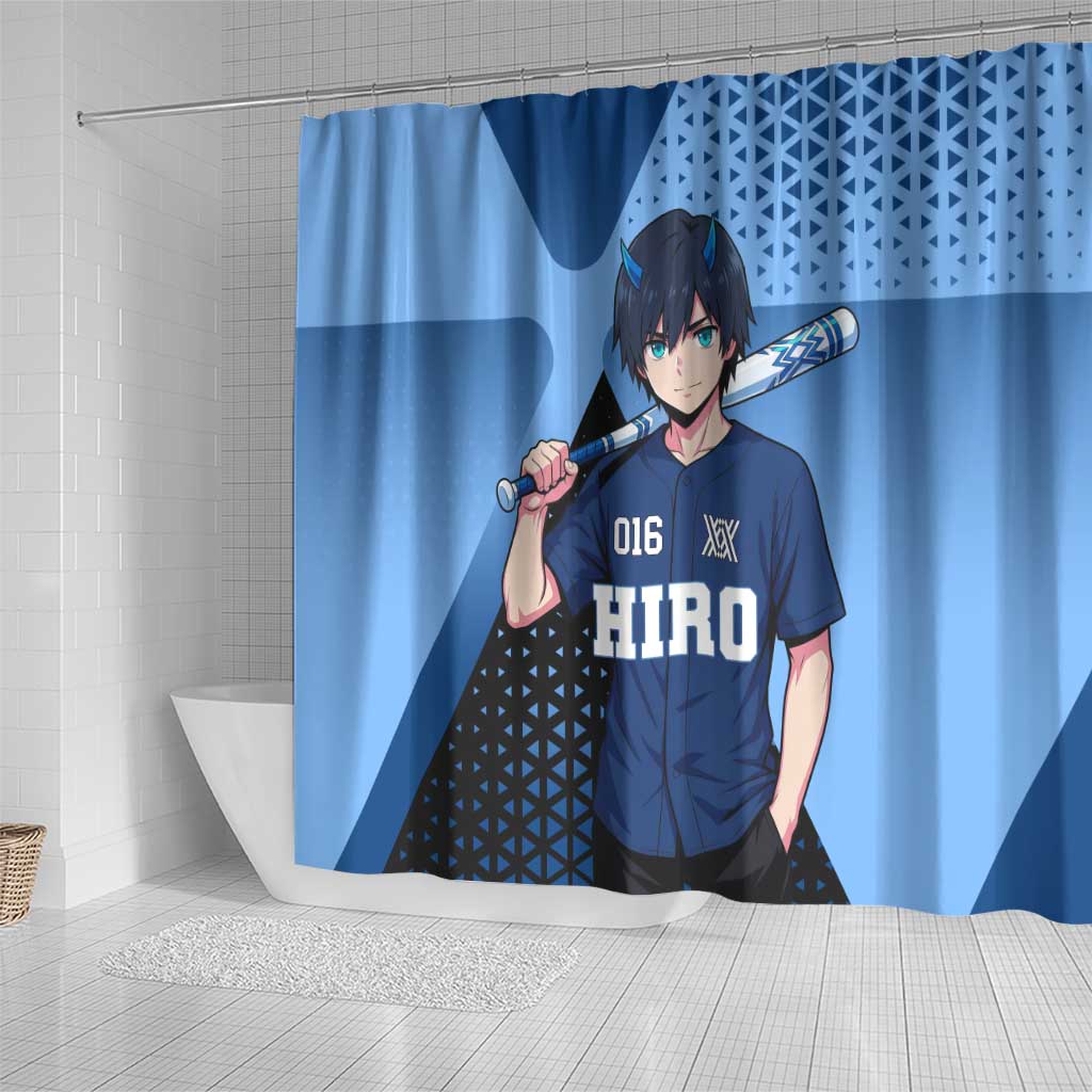 Hiro Shower Curtain Geometric Blue Baseball Anime Style