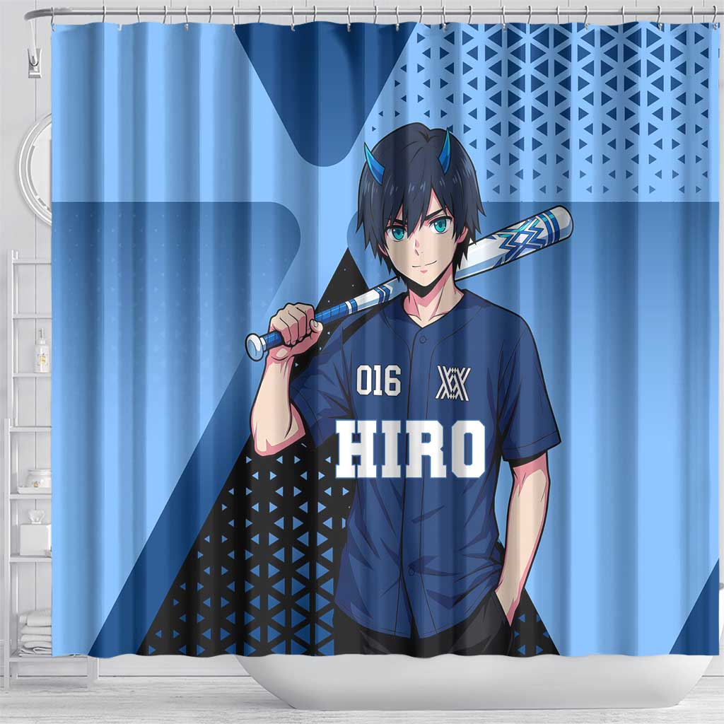Hiro Shower Curtain Geometric Blue Baseball Anime Style