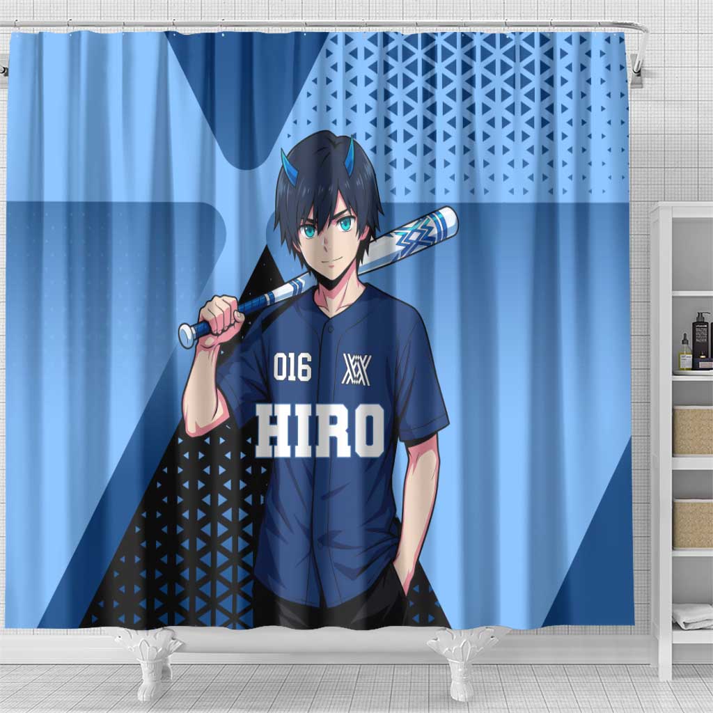 Hiro Shower Curtain Geometric Blue Baseball Anime Style