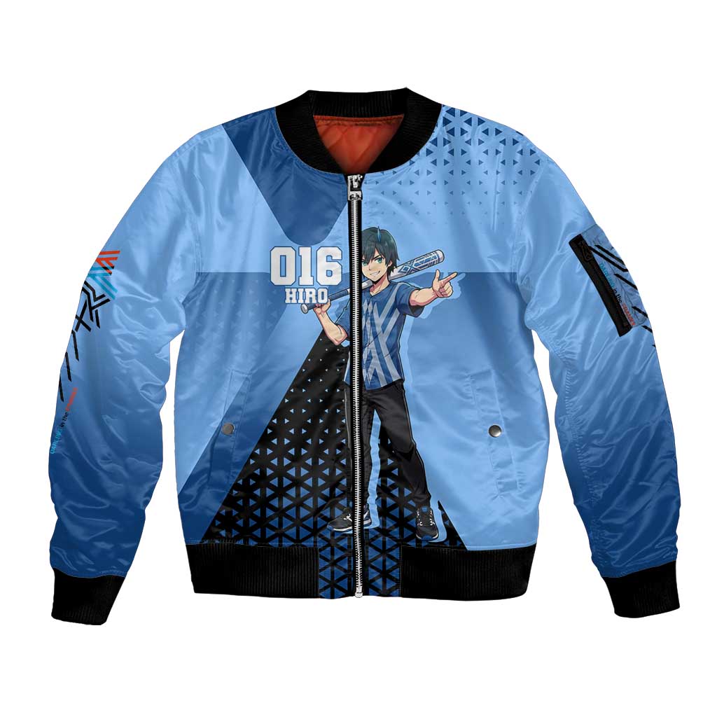 Hiro Sleeve Zip Bomber Jacket Geometric Blue Baseball Anime Style