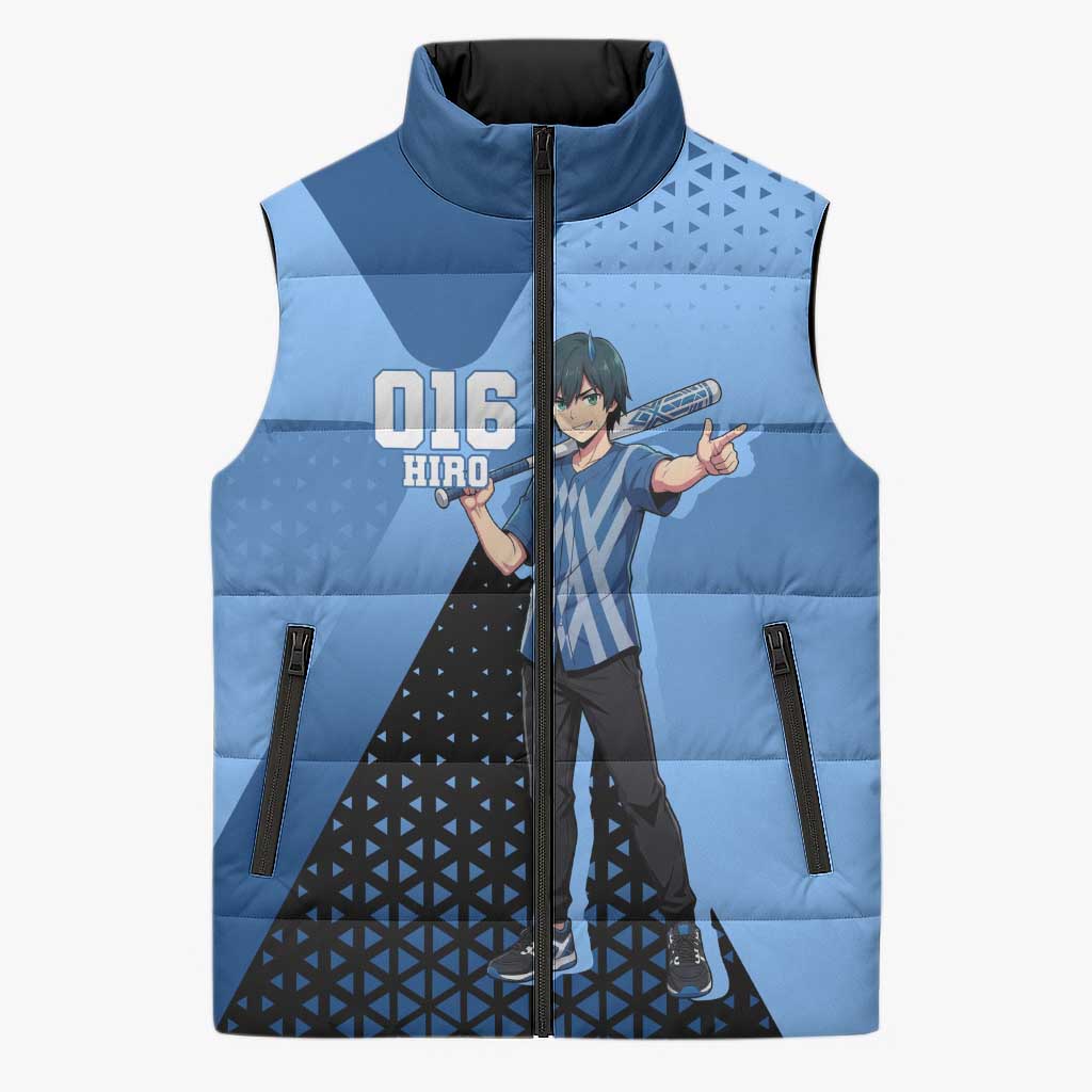 Hiro Sleeveless Puffer Jacket Geometric Blue Baseball Anime Style