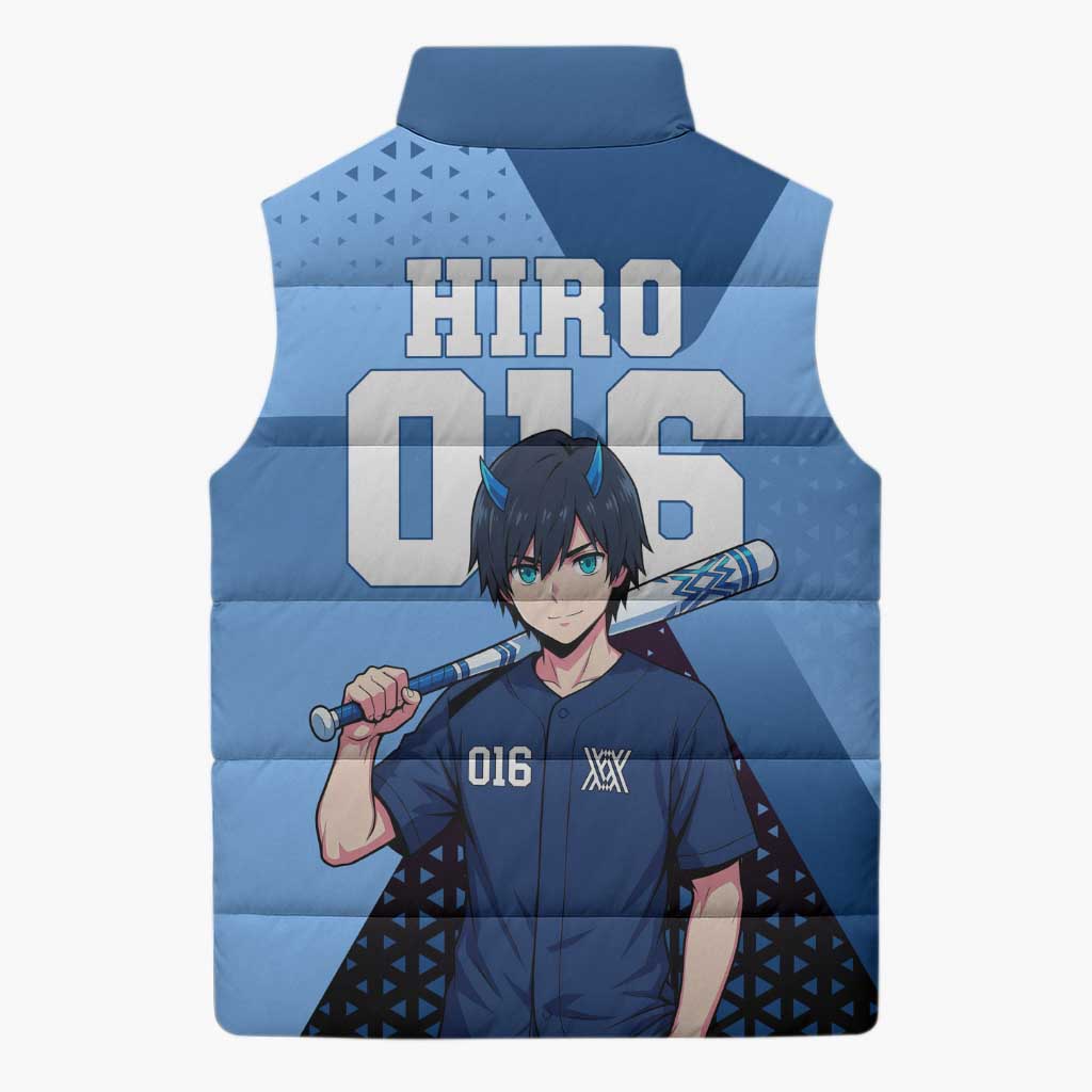 Hiro Sleeveless Puffer Jacket Geometric Blue Baseball Anime Style