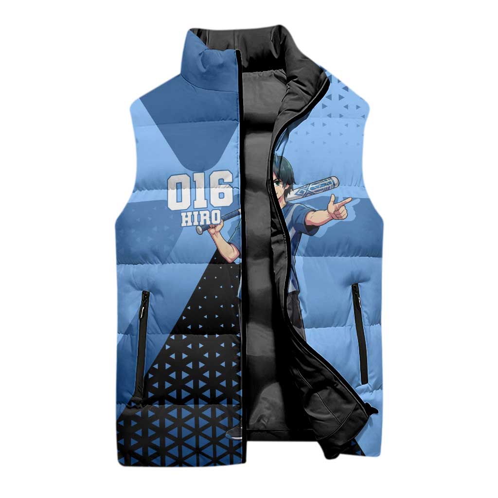 Hiro Sleeveless Puffer Jacket Geometric Blue Baseball Anime Style