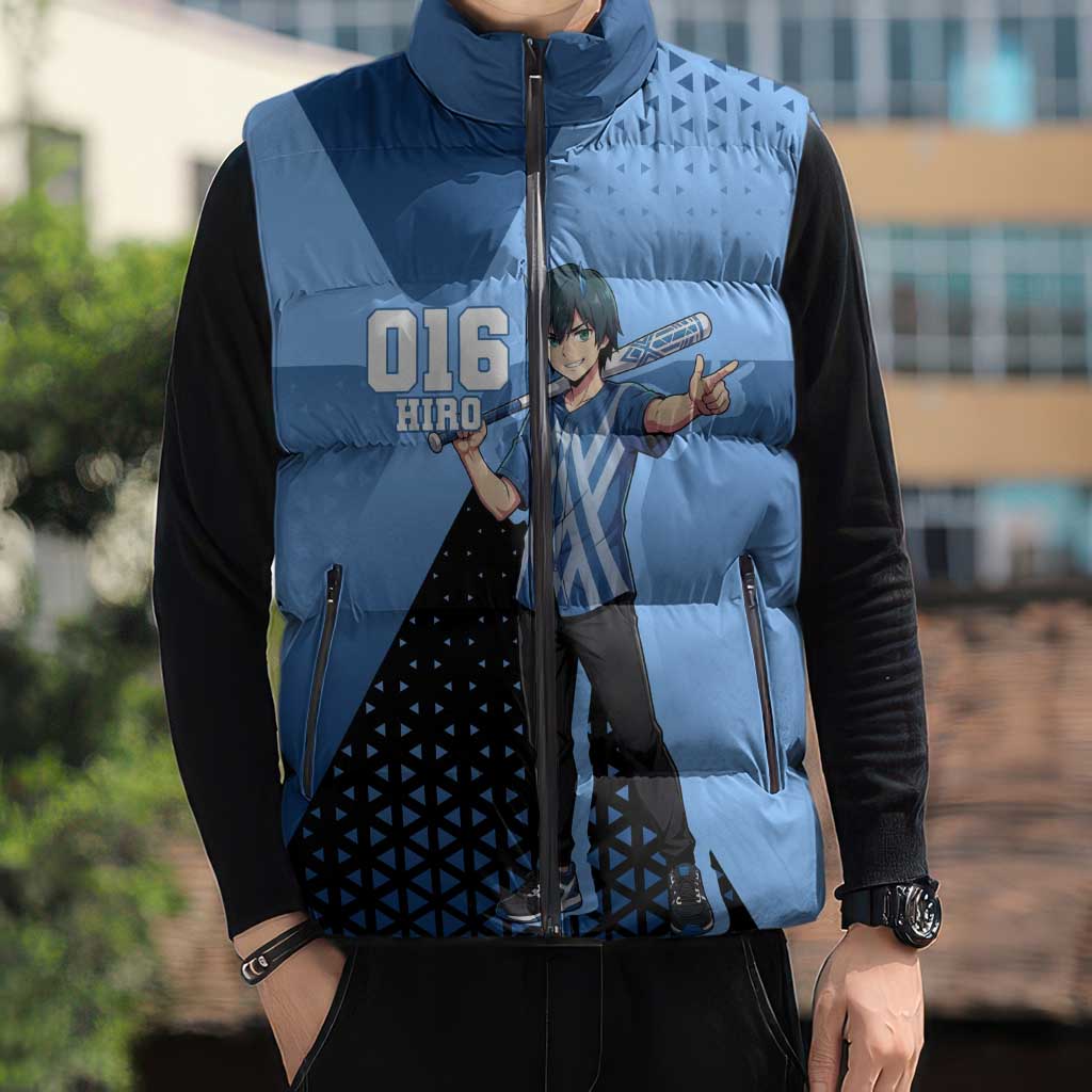 Hiro Sleeveless Puffer Jacket Geometric Blue Baseball Anime Style