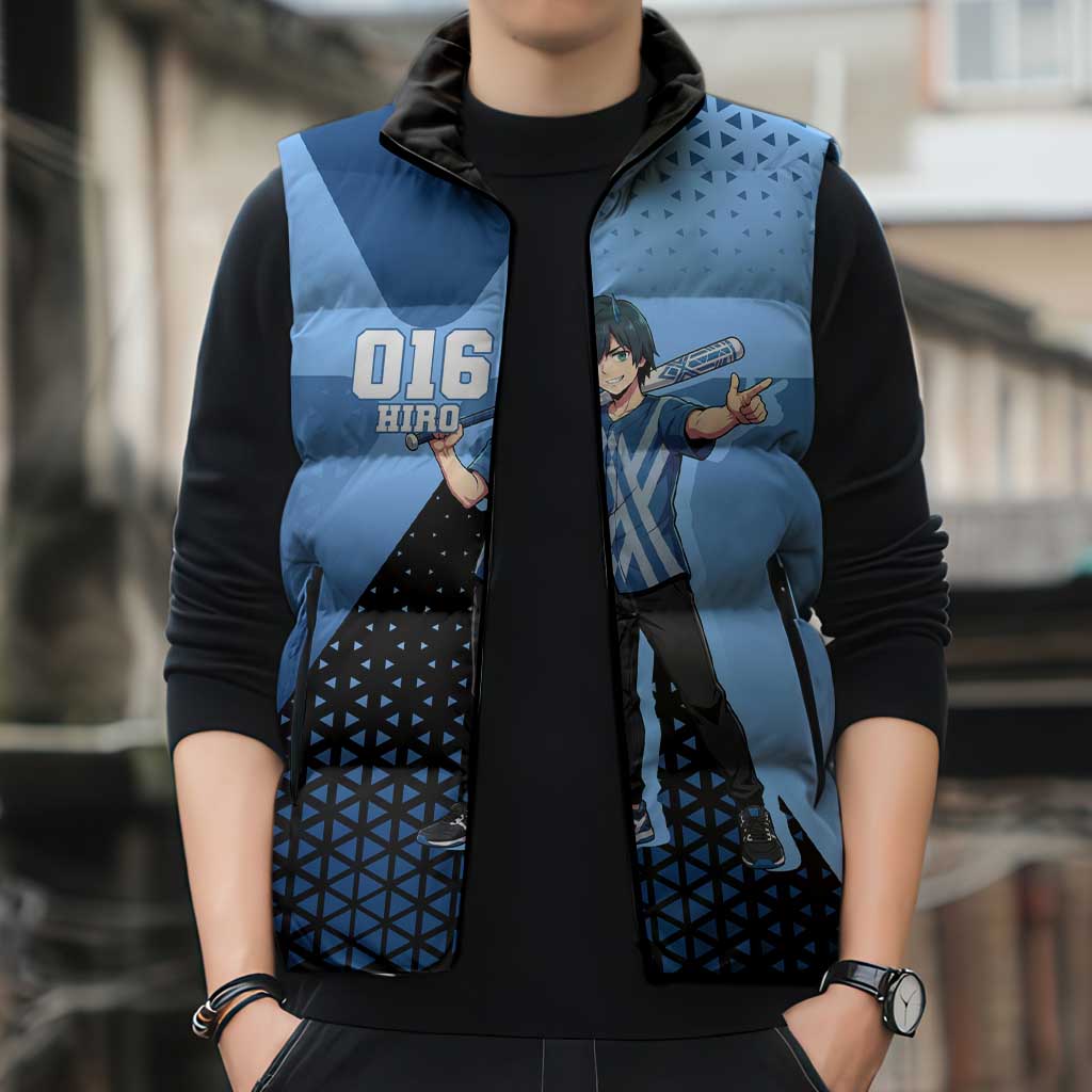 Hiro Sleeveless Puffer Jacket Geometric Blue Baseball Anime Style