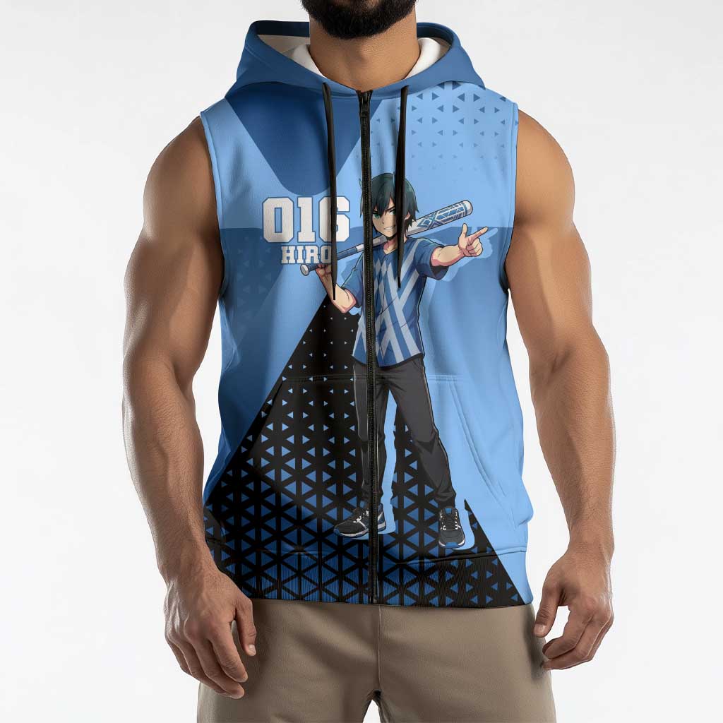 Hiro Sleeveless Zip Hoodie Geometric Blue Baseball Anime Style