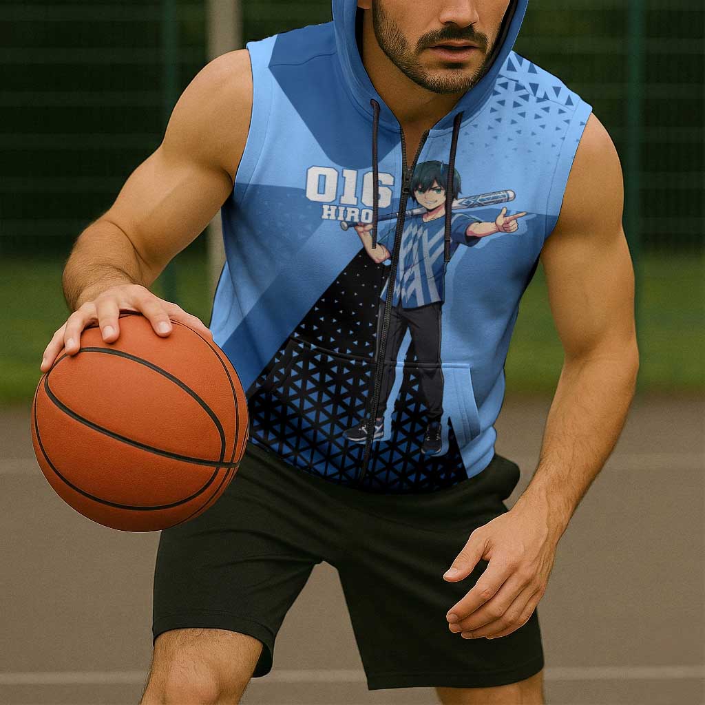 Hiro Sleeveless Zip Hoodie Geometric Blue Baseball Anime Style