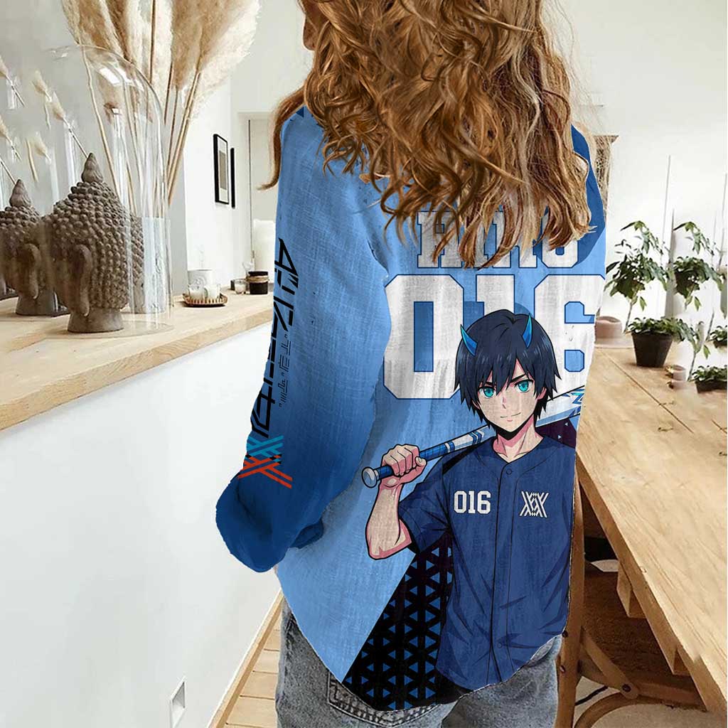 Hiro Women Casual Shirt Geometric Blue Baseball Anime Style