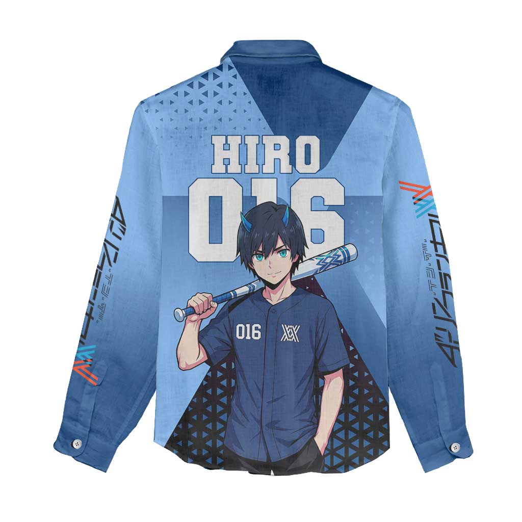 Hiro Women Casual Shirt Geometric Blue Baseball Anime Style