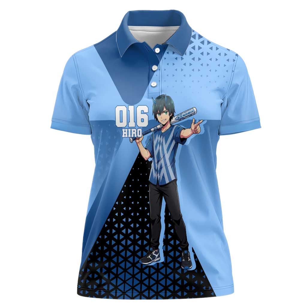 Hiro Women Polo Shirt Geometric Blue Baseball Anime Style