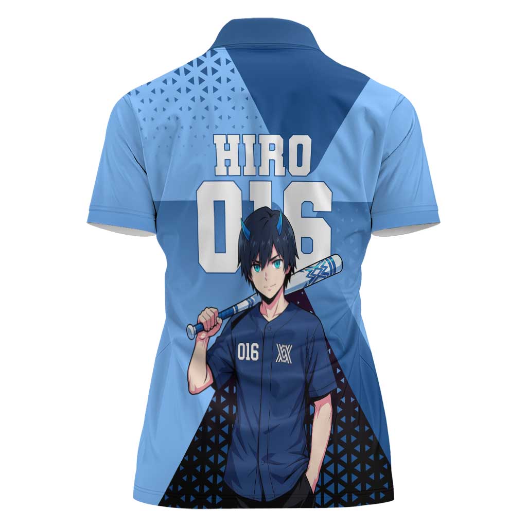 Hiro Women Polo Shirt Geometric Blue Baseball Anime Style