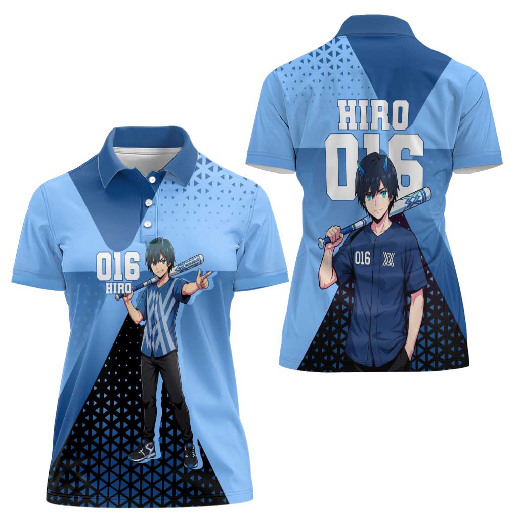 Hiro Women Polo Shirt Geometric Blue Baseball Anime Style