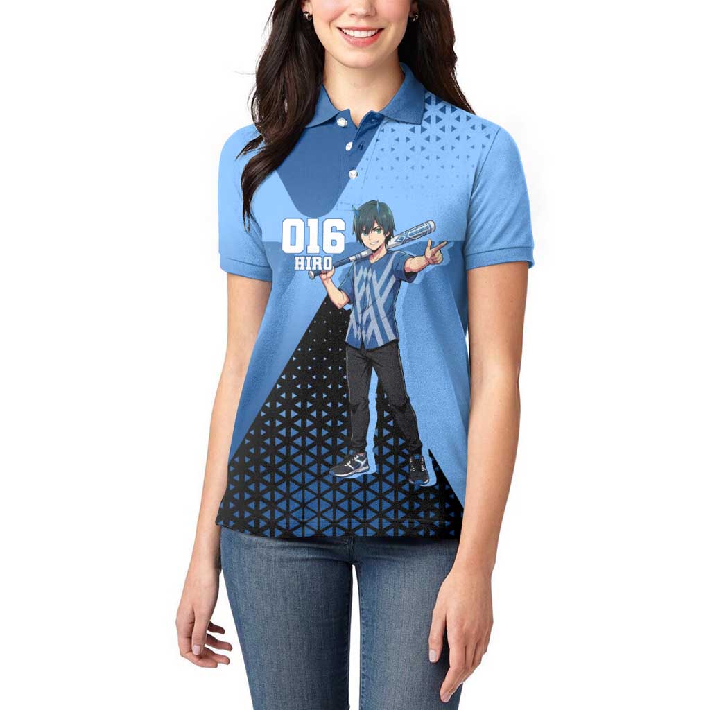 Hiro Women Polo Shirt Geometric Blue Baseball Anime Style