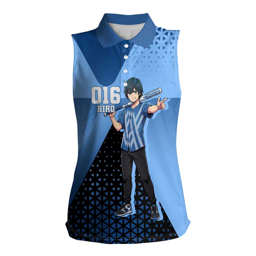 Hiro Women Sleeveless Polo Shirt Geometric Blue Baseball Anime Style