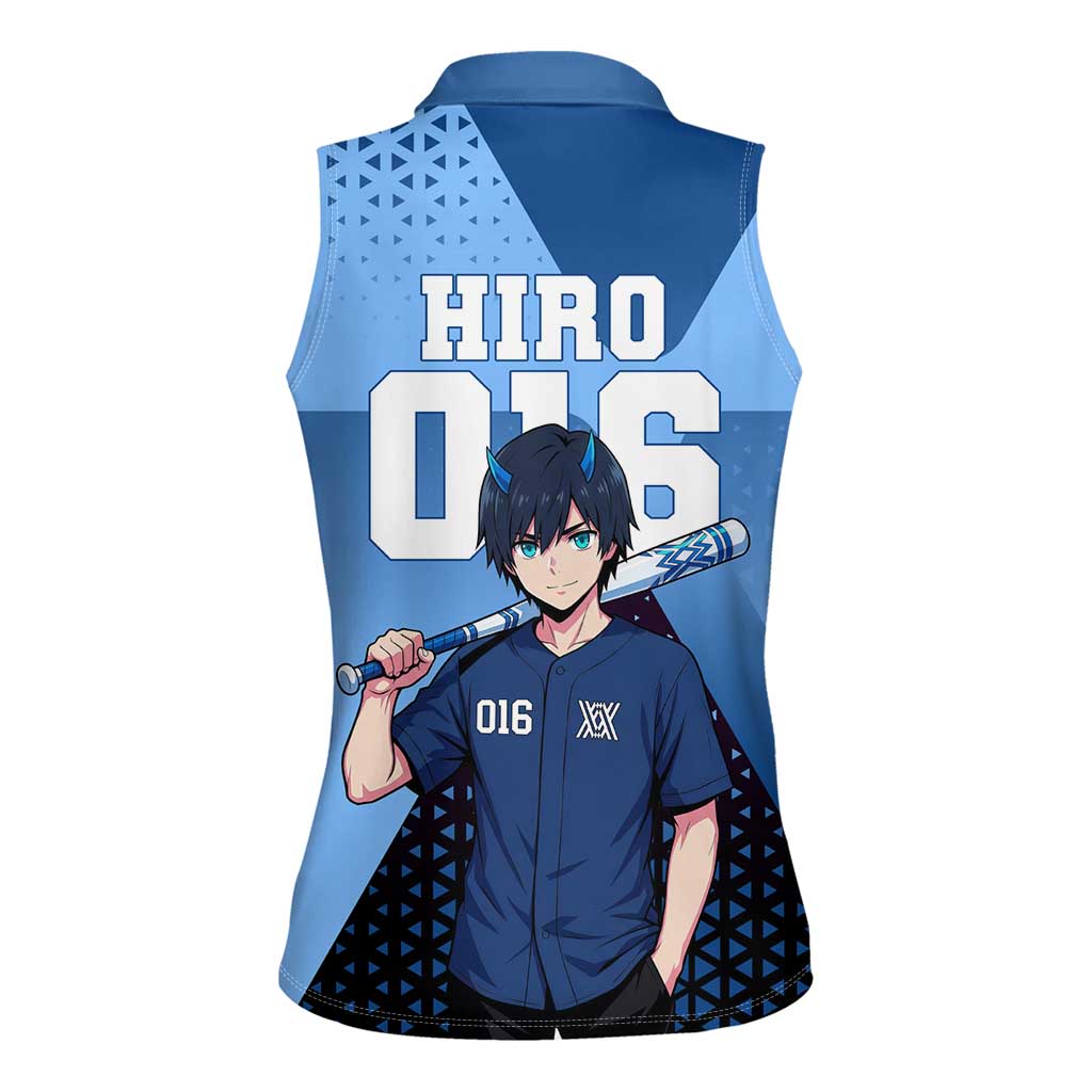 Hiro Women Sleeveless Polo Shirt Geometric Blue Baseball Anime Style