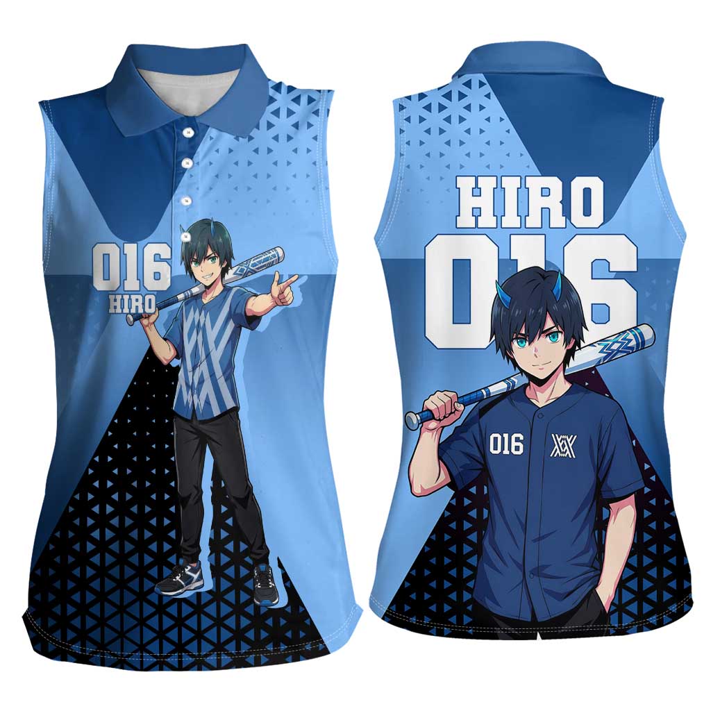 Hiro Women Sleeveless Polo Shirt Geometric Blue Baseball Anime Style