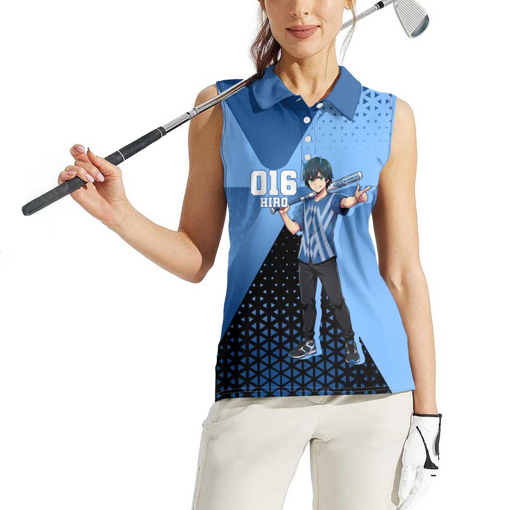 Hiro Women Sleeveless Polo Shirt Geometric Blue Baseball Anime Style