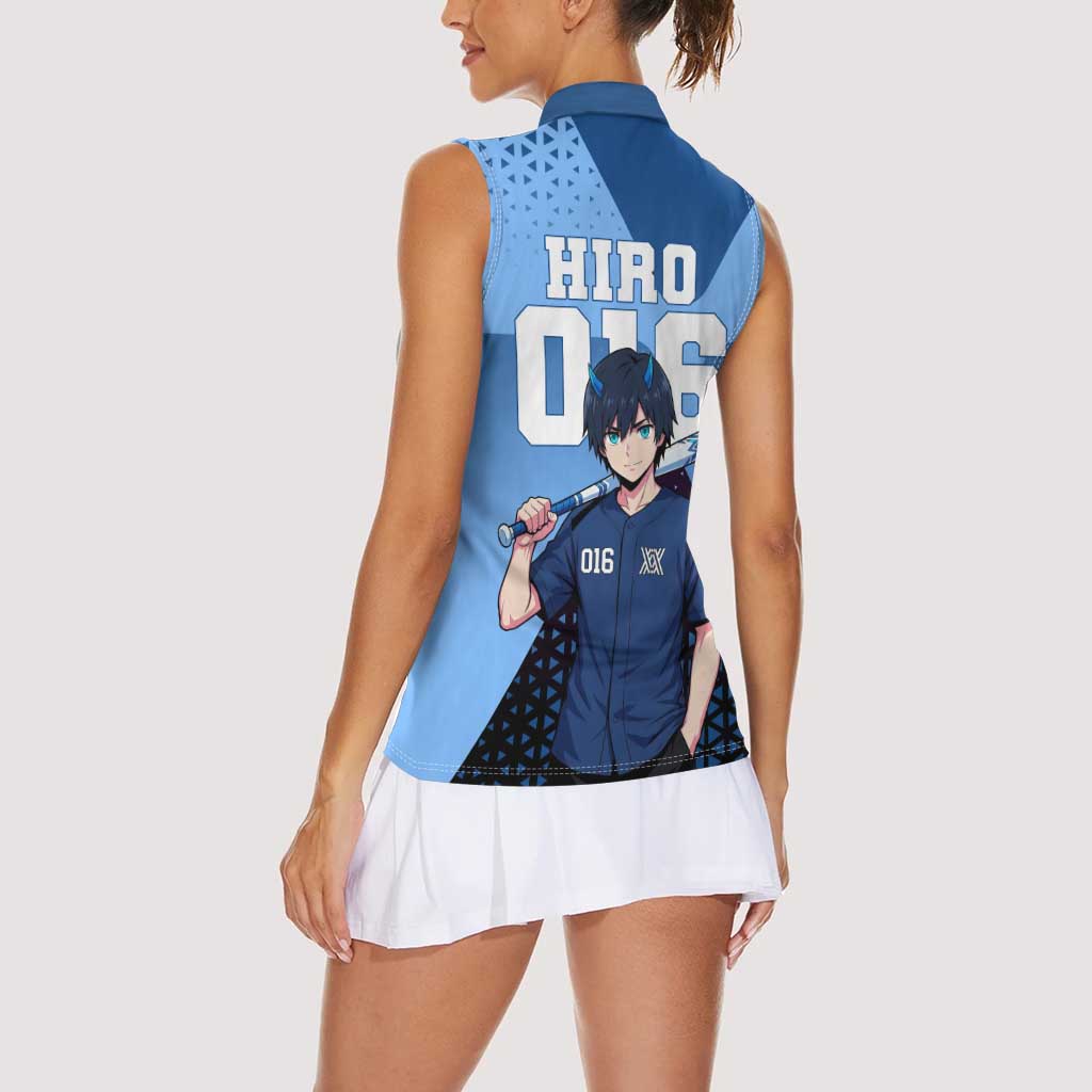 Hiro Women Sleeveless Polo Shirt Geometric Blue Baseball Anime Style