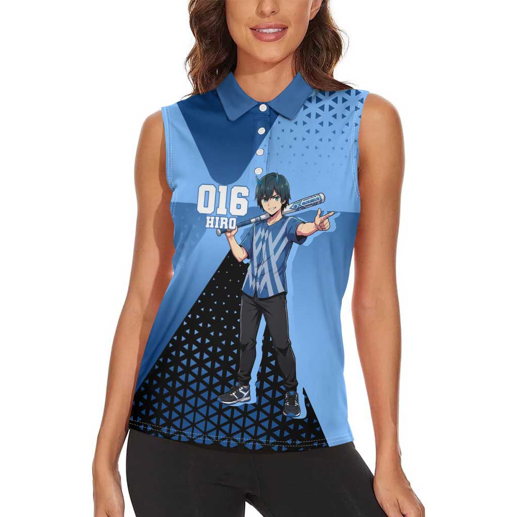 Hiro Women Sleeveless Polo Shirt Geometric Blue Baseball Anime Style