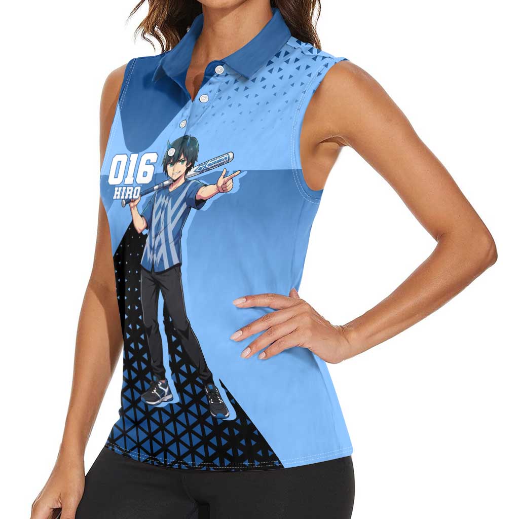Hiro Women Sleeveless Polo Shirt Geometric Blue Baseball Anime Style