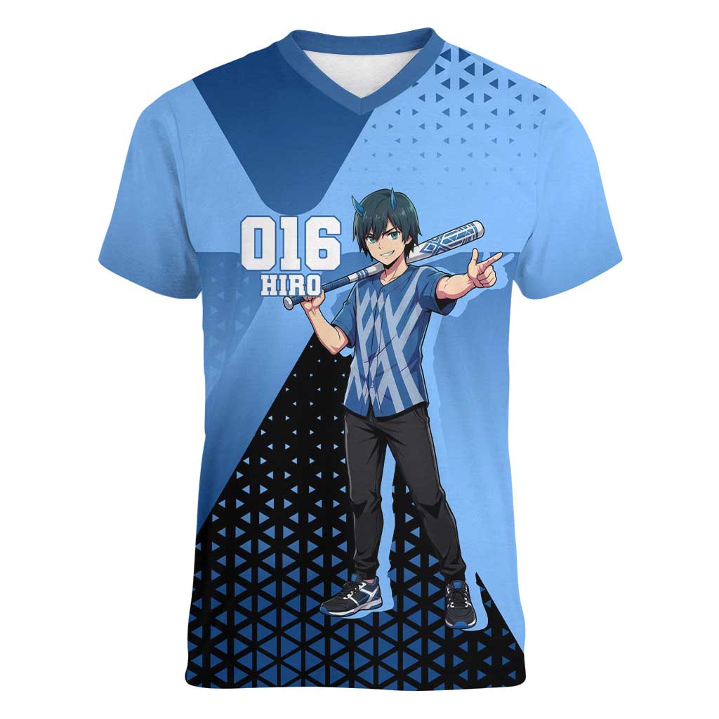 Hiro Women V-Neck T-Shirt Geometric Blue Baseball Anime Style
