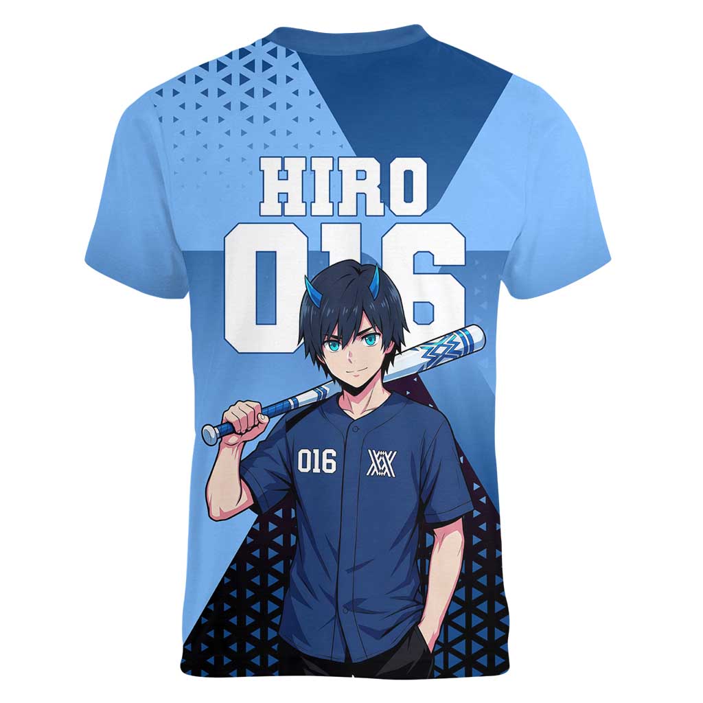 Hiro Women V-Neck T-Shirt Geometric Blue Baseball Anime Style
