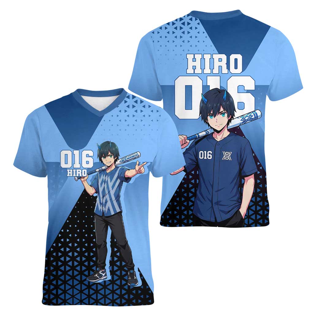 Hiro Women V-Neck T-Shirt Geometric Blue Baseball Anime Style